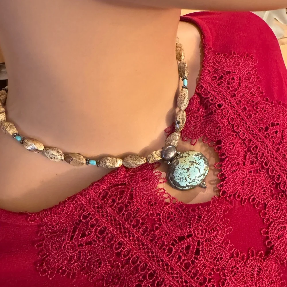 Handmade turquoise pendant on sterling necklace with barrel jasper stone beads